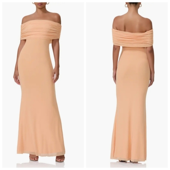 New AFRM McCall Off the Shoulder Mesh Peach Fuzz Maxi Dress NWT Medium - Picture 1 of 9